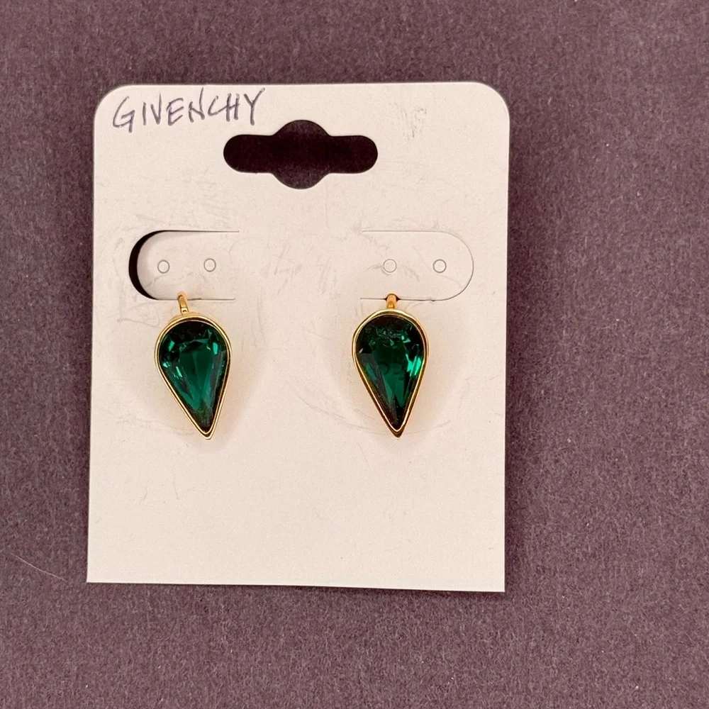 Vintage Givenchy Emerald Green Teardrop Clip-On Earrings Gold Tone Signed - Picture 6 of 7